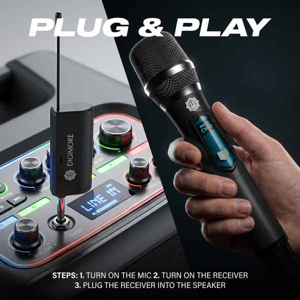 DIGIMORE Rechargeable Wireless Microphone| 6Hrs Battery | 200ft Range | Type-C Charging | LED Digital Display |2400MHz Cordless Mic for House Parties, Outdoor Party, Singing, Classroom (D-350 Black)