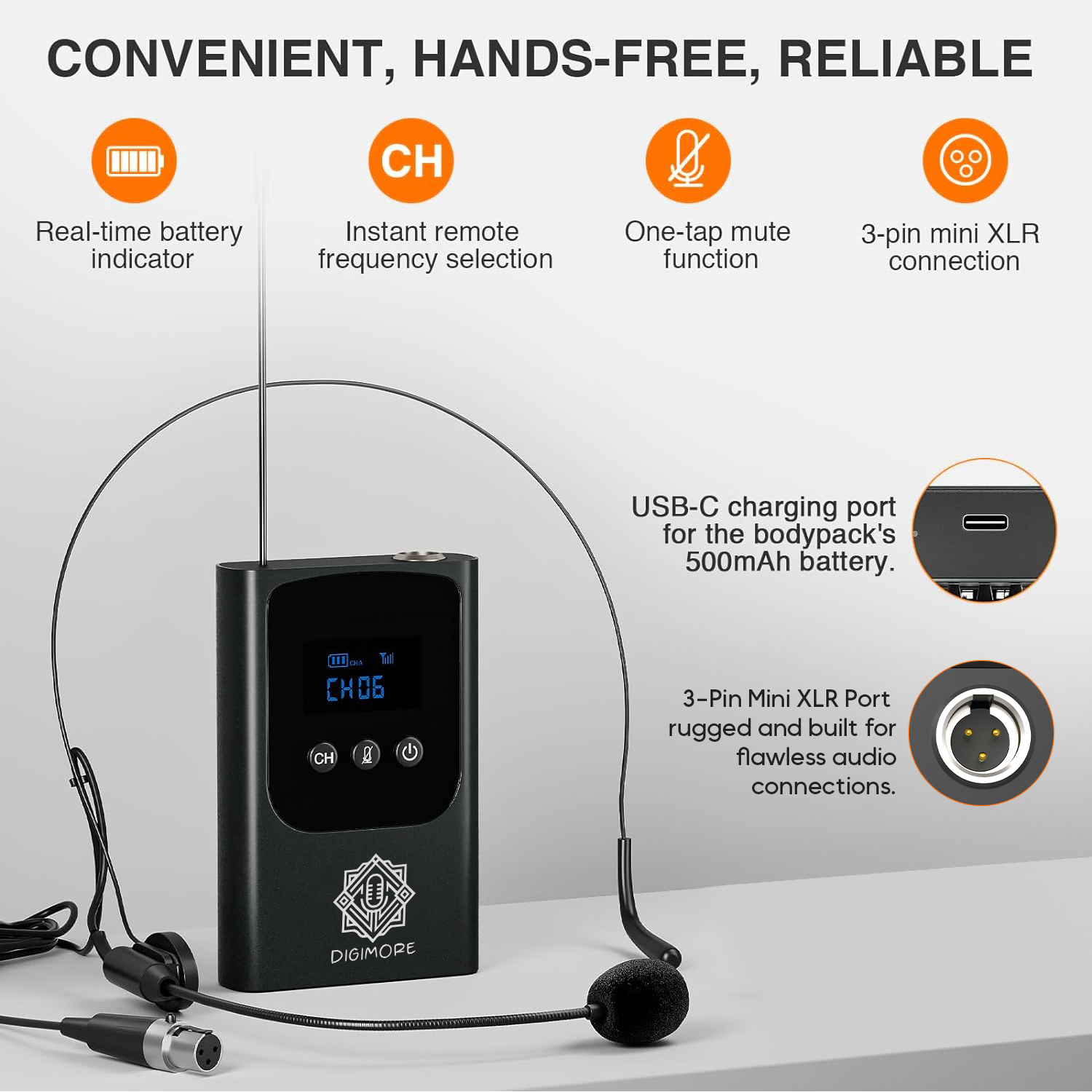 DIGIMORE UHF Wireless Headset Mic | 3-Pin Mini XLR Mic | 5Hrs Battery | 160Ft Range | <5ms Latency | 5 Changeable Channels | Heavy Metal & Glass Body | Ideal for Fitness, Churches, Classrooms (D-345S)
