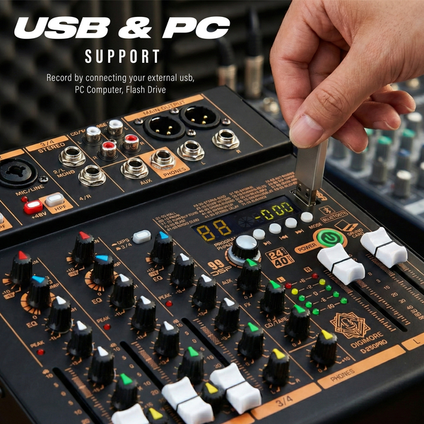 DIGIMORE Professional Audio Mixer with 99 DSP Effects| 2 Mono and 2 Stereo Channel| USB/PC Recording| Bluetooth Connectivity v5.3| Ideal for Live Streaming, Podcasting, Karaoke & Home Studio(D-250PRO)