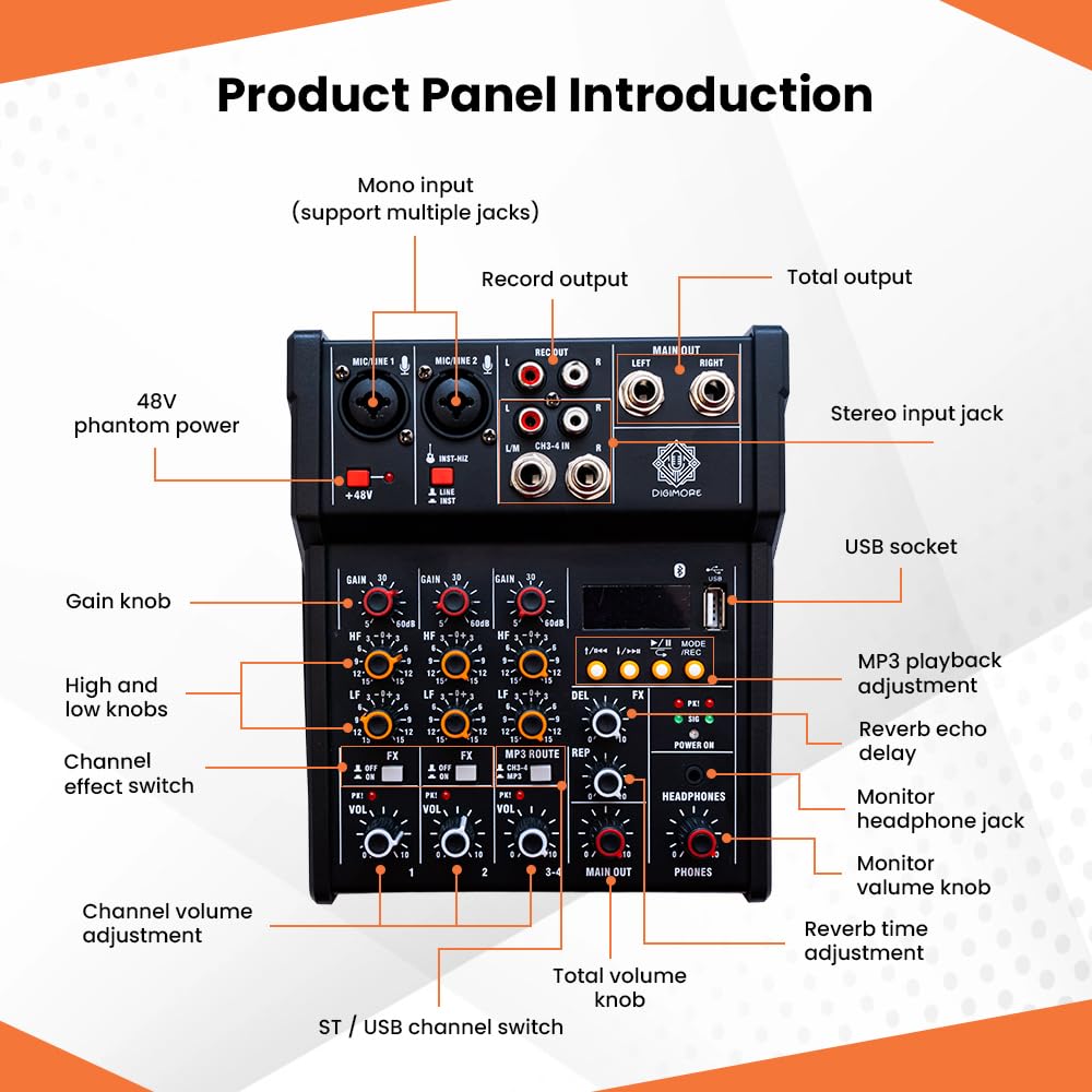 Digimore D-200 4-Channel Audio Mixer with 48V Phantom Power Sound